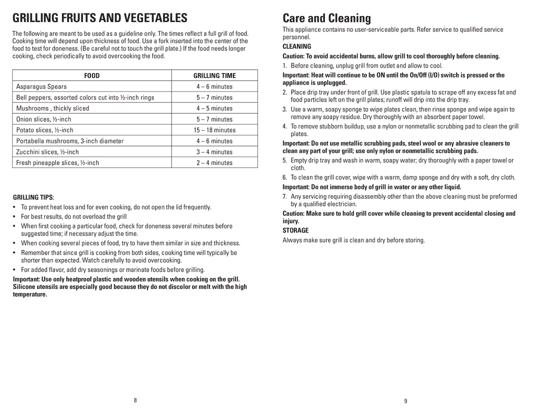 George Foreman GR0060W manual Grilling Fruits and Vegetables, Care and Cleaning 
