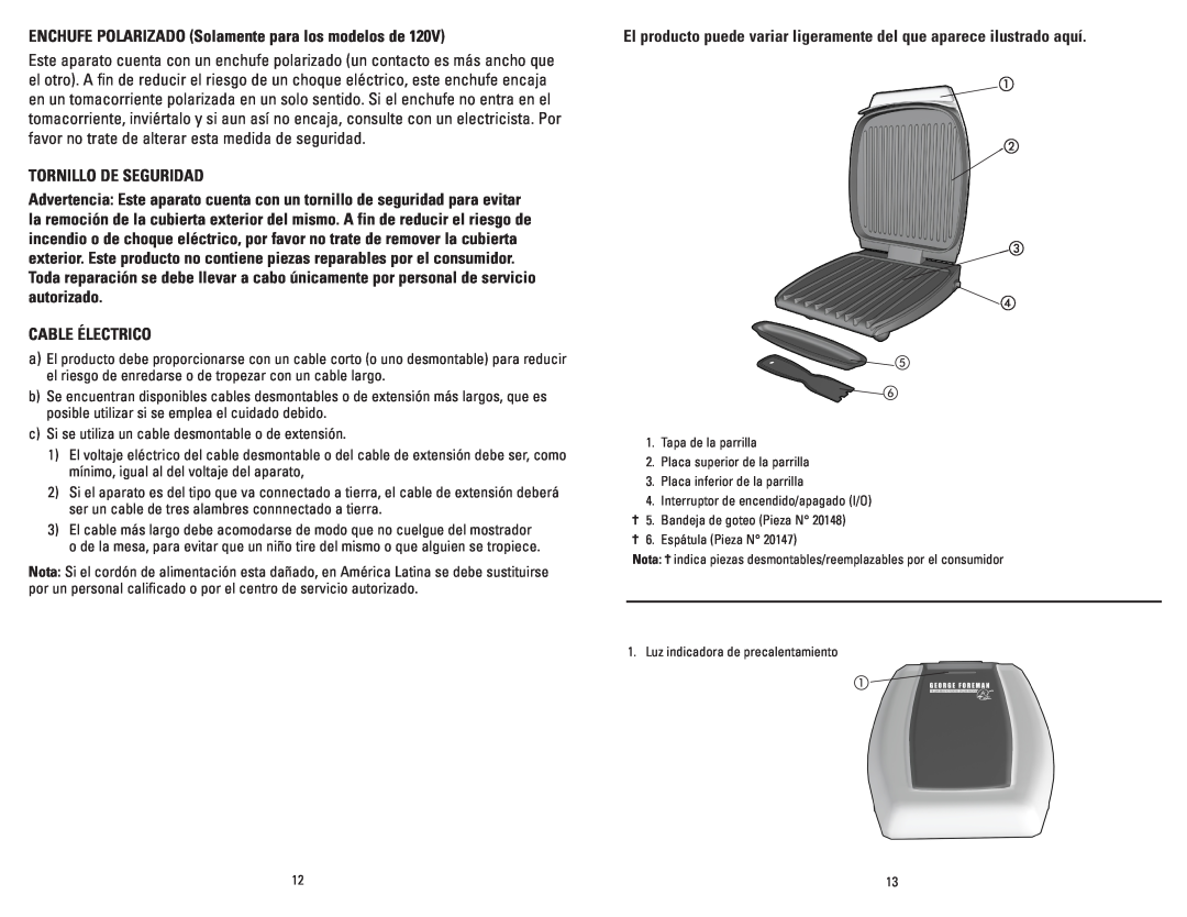 George Foreman GR0060W manual ENCHUFE POLARIZADO Solamente para los modelos de, Tornillo De Seguridad, Cable Électrico 