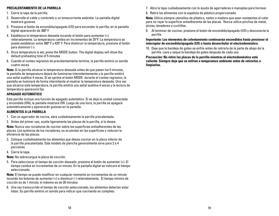 George Foreman GR0072P manual Precalentamiento DE LA Parrilla, Apagado Automático, Alimentos a LA Parrilla 