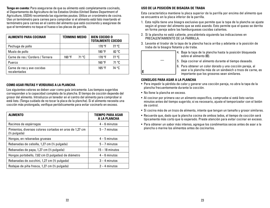 George Foreman GR0072P manual Alimento Para Cocinar, Totalmente Cocido, Como Asar Frutas Y Verduras a LA Plancha 