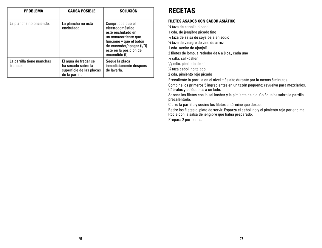 George Foreman GR0072P manual Recetas, Filetes Asados CON Sabor Asiático 