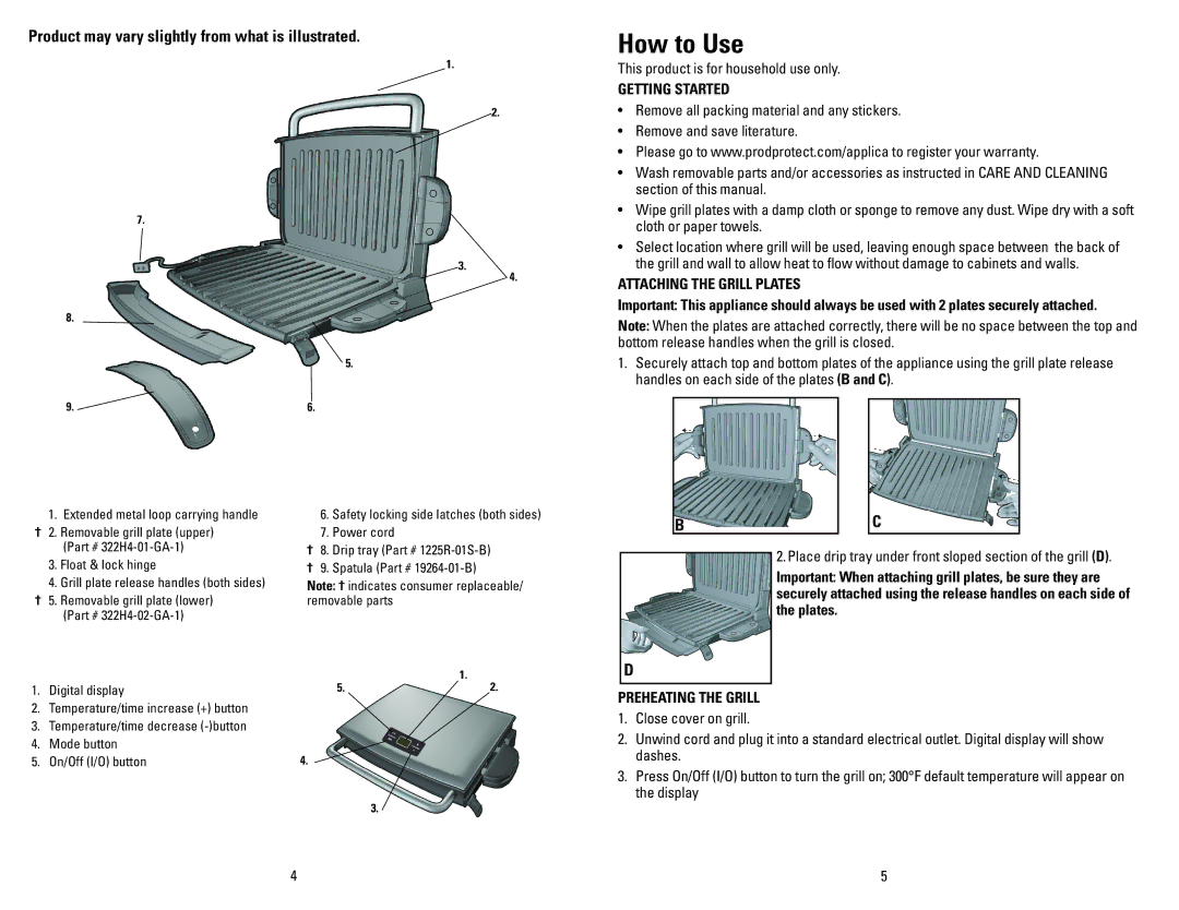 George Foreman GR0072P manual How to Use, Getting Started, Attaching the Grill Plates, Preheating the Grill 