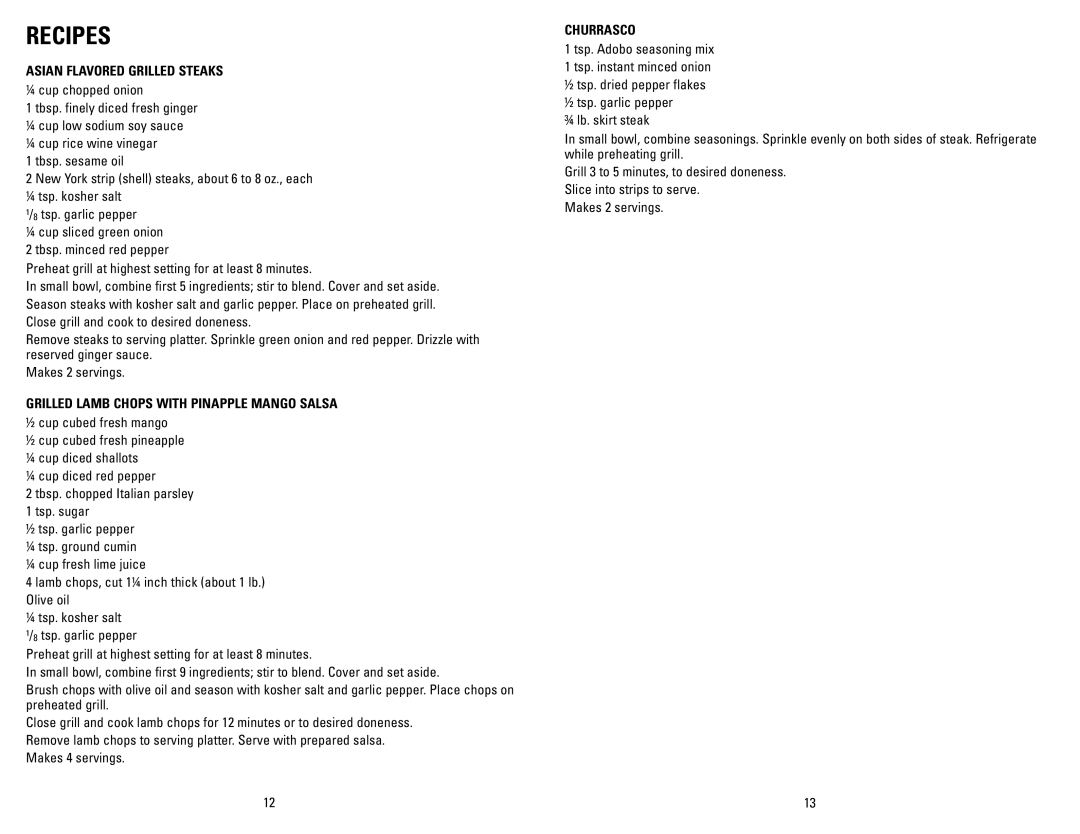 George Foreman GR0072P manual Asian Flavored Grilled Steaks, Grilled Lamb Chops with Pinapple Mango Salsa, Churrasco 