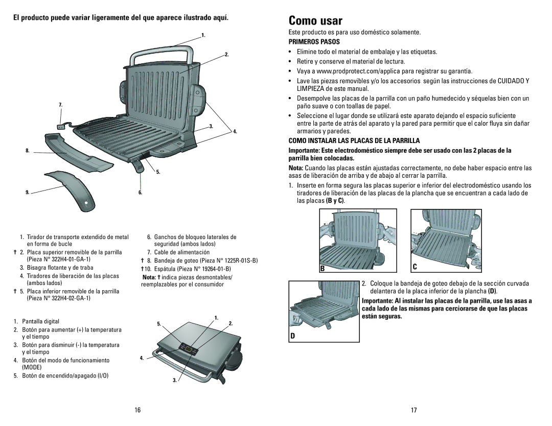 George Foreman GR0072P manual Como usar, Primeros Pasos, Como Instalar LAS Placas DE LA Parrilla 