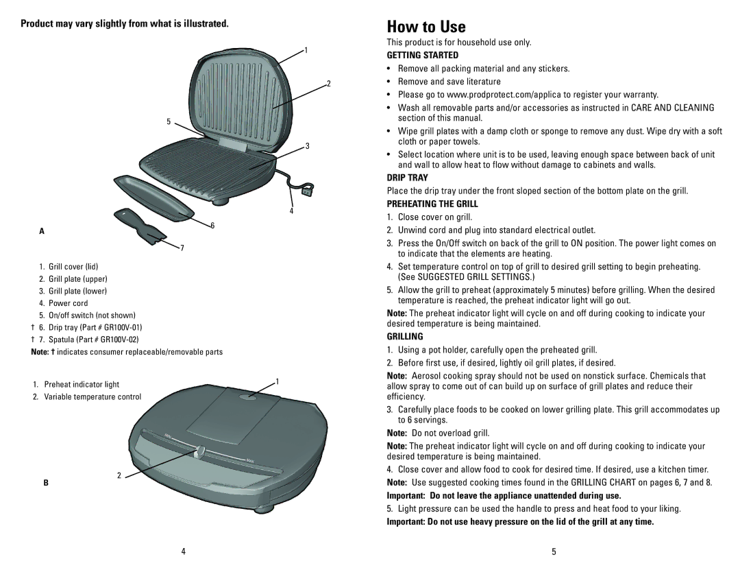 George Foreman GR100V manual How to Use, Getting Started, Drip Tray, Preheating the Grill, Grilling 