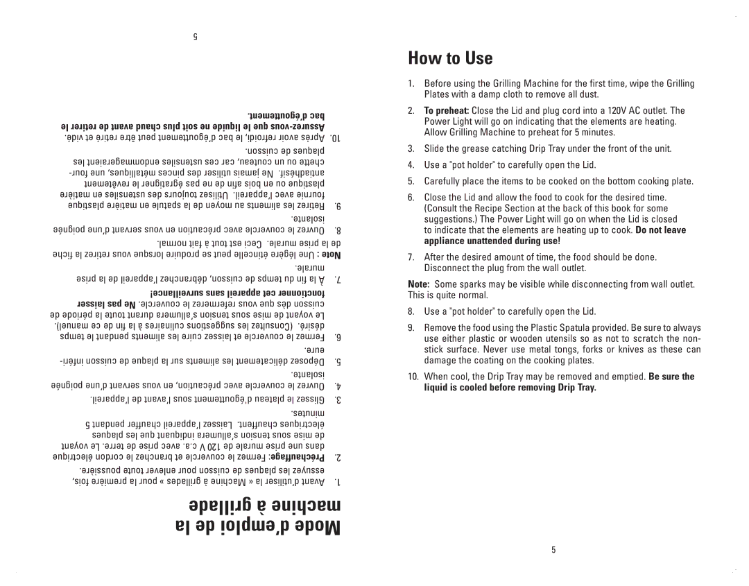George Foreman GR10ABWCAN manuel dutilisation How to Use, Laisser pas Ne, Liquid is cooled before removing Drip Tray 