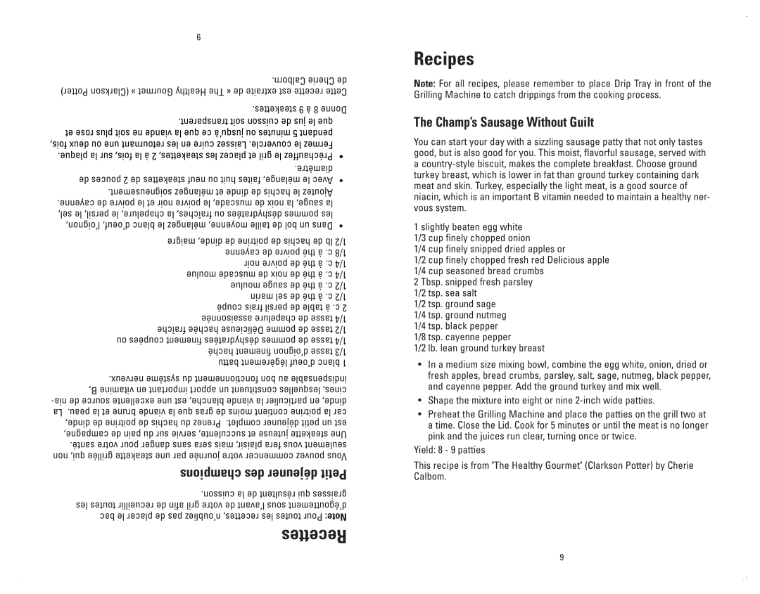 George Foreman GR10ABWCAN manuel dutilisation Recettes, Recipes, Champ’s Sausage Without Guilt 