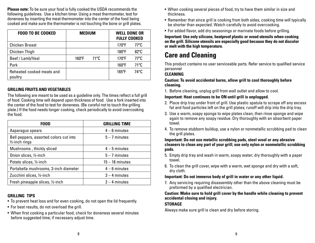 George Foreman GR10BCAN manual Care and Cleaning 