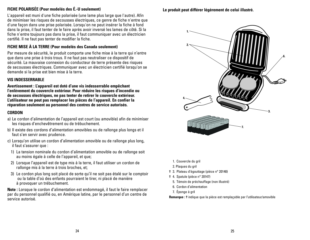 George Foreman GR10BCAN manual FICHE POLARISÉE Pour modelés des É.-Useulement, Vis Indesserrable, Cordon 