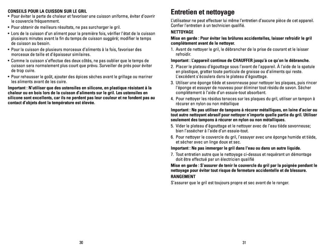 George Foreman GR10BCAN manual Entretien et nettoyage, Conseils Pour La Cuisson Sur Le Gril, Nettoyage, Rangement 