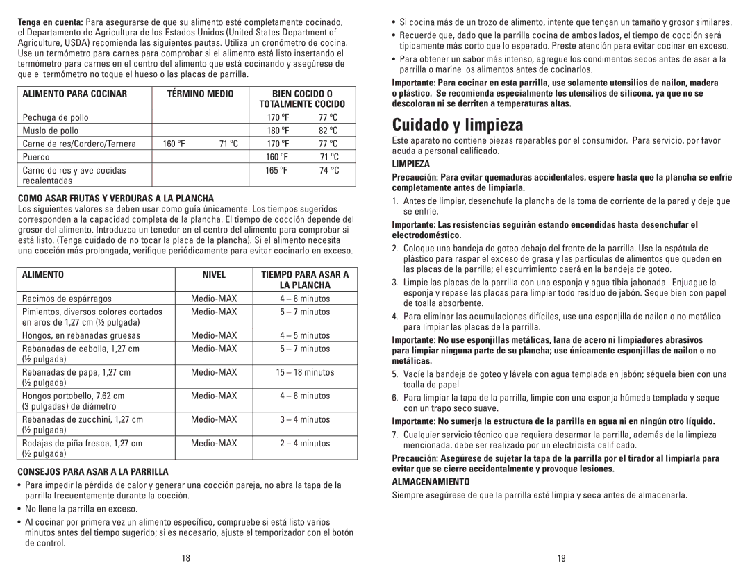 George Foreman GR120VQVC, GR120VRQ, GR120VBQ, GR120VPQ manual Cuidado y limpieza 