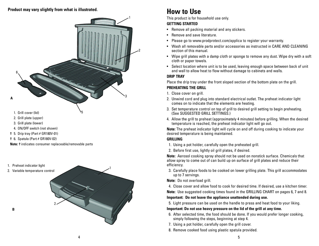 George Foreman GR120VBQ, GR120VQVC, GR120VRQ manual How to Use, Getting Started, Drip Tray, Preheating the Grill, Grilling 