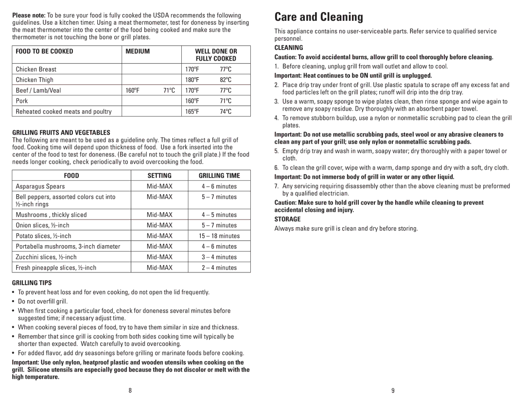 George Foreman GR120VQVC, GR120VRQ, GR120VBQ, GR120VPQ manual Care and Cleaning 