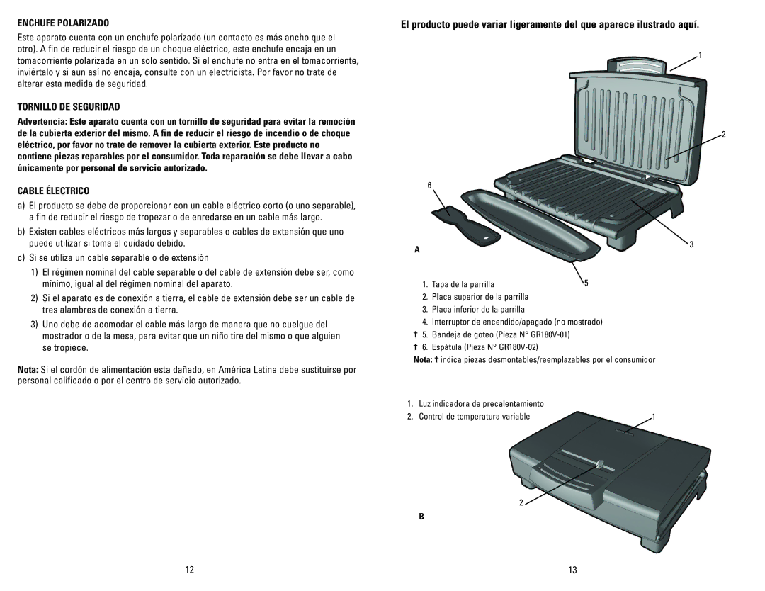 George Foreman GR120VRQ, GR120VQVC, GR120VBQ, GR120VPQ manual Enchufe Polarizado, Tornillo DE Seguridad, Cable Électrico 