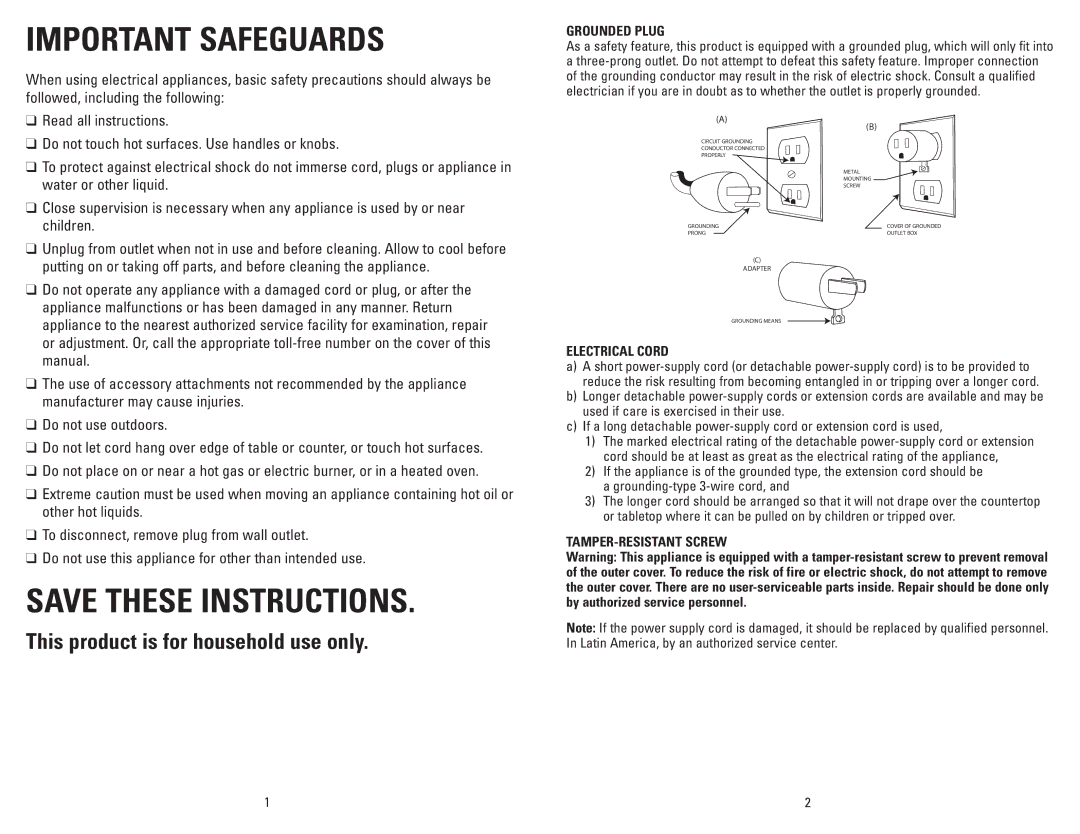 George Foreman GR1212CAN manual Important Safeguards 