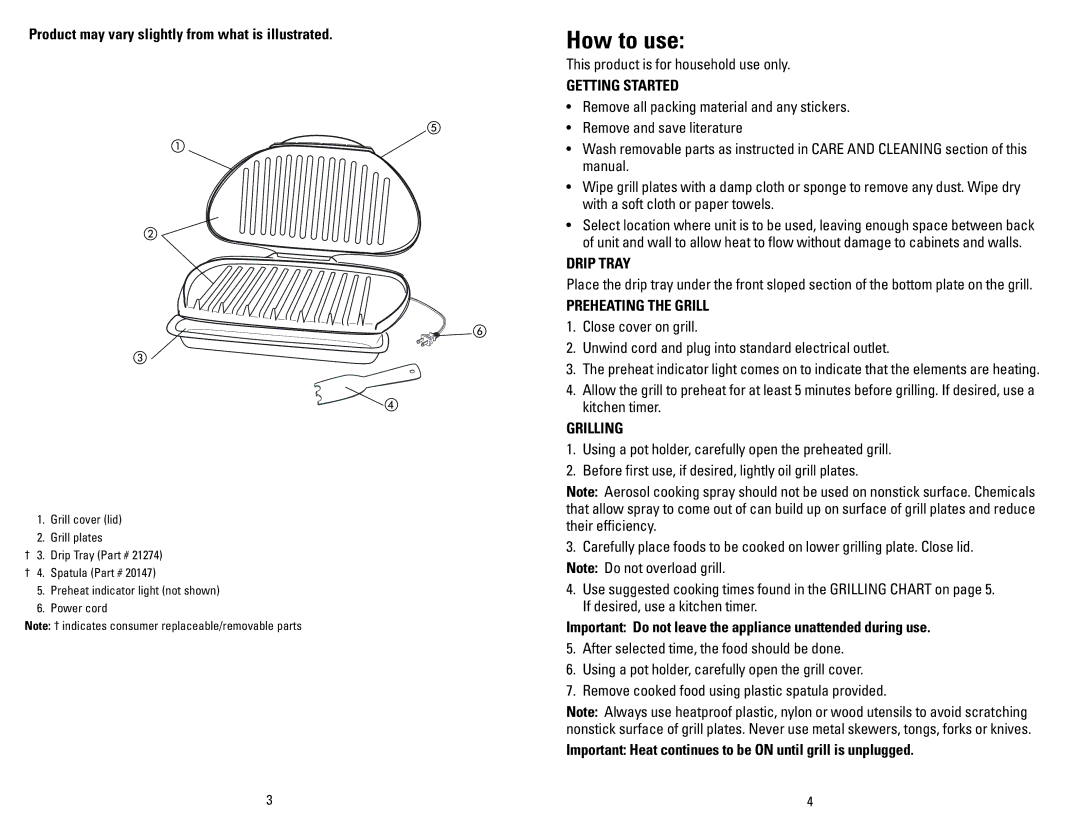 George Foreman GR1212CAN manual How to use, Getting Started, Drip Tray, Preheating the Grill, Grilling 