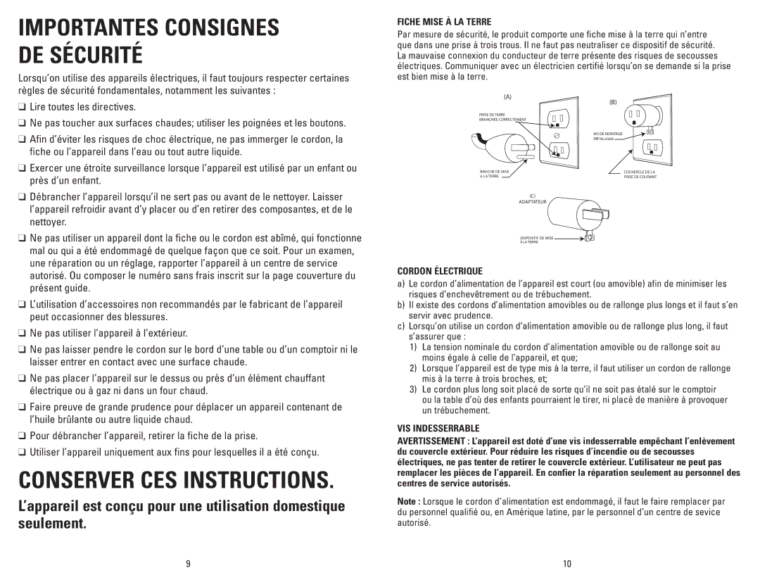 George Foreman GR1212CAN manual Conserver CES Instructions 