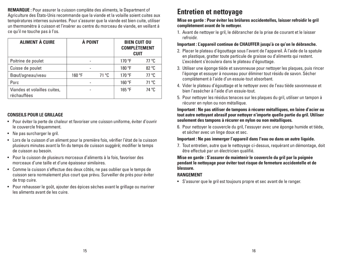 George Foreman GR1212CAN manual Entretien et nettoyage, Aliment À Cuire, Bien Cuit OU, Conseils Pour LE Grillage, Rangement 