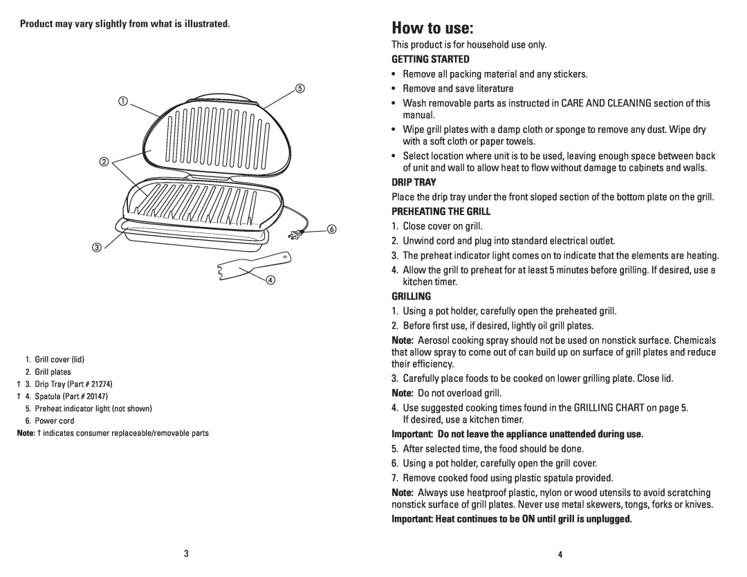 George Foreman GR1212CAN manual How to use, Product may vary slightly from what is illustrated, Getting Started, Drip Tray 