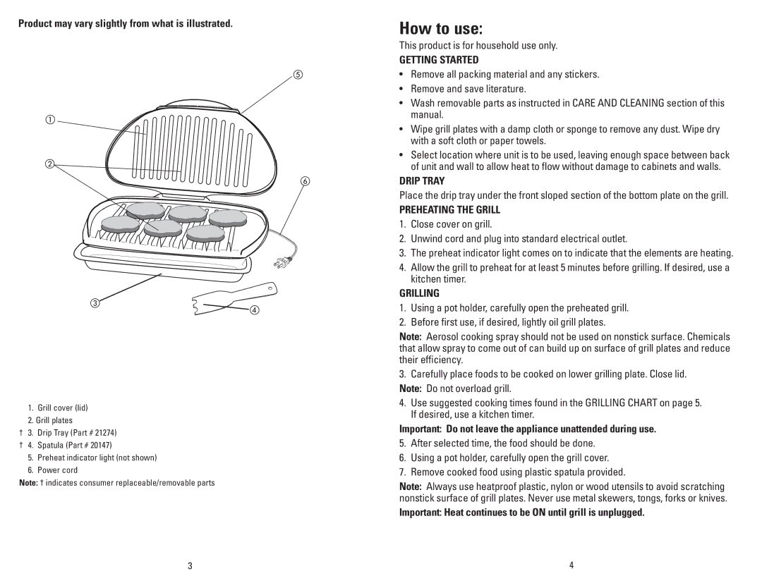 George Foreman GR1212PQ manual How to use, Getting Started, Drip Tray, Preheating the Grill, Grilling 