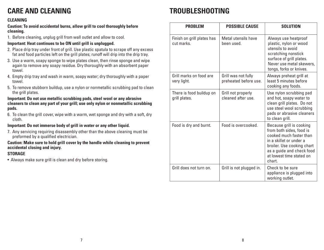 George Foreman GR1212PQ manual Cleaning, Storage, Problem, Solution 