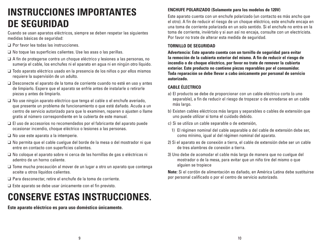 George Foreman GR1212PQ manual Enchufe Polarizado Solamente para los modelos de, Tornillo DE Seguridad, Cable Électrico 