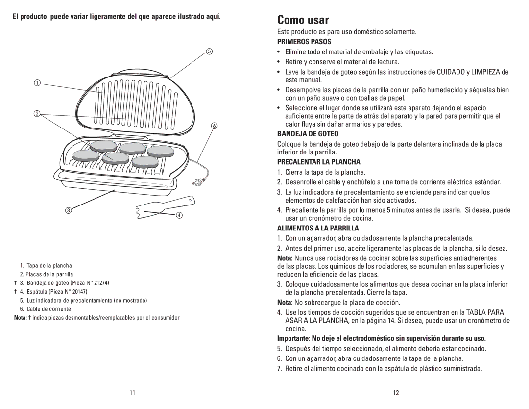 George Foreman GR1212 manual Como usar, Primeros Pasos, Bandeja DE Goteo, Precalentar LA Plancha, Alimentos a LA Parrilla 