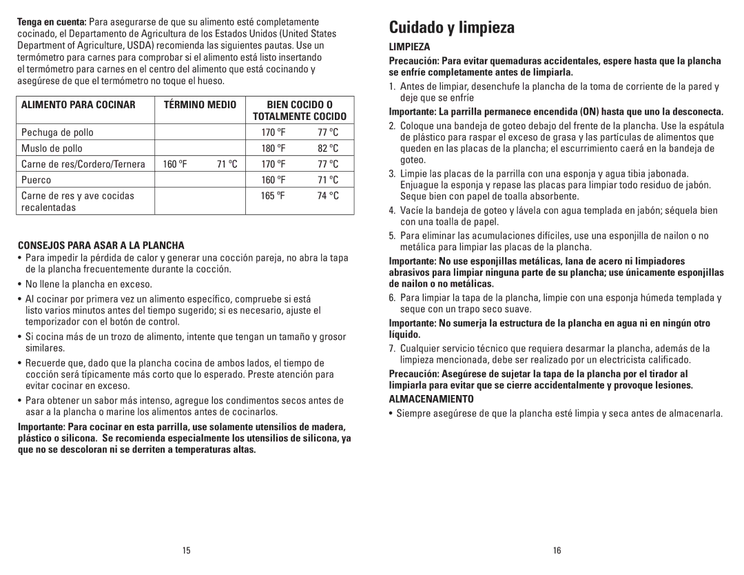 George Foreman GR1212 manual Cuidado y limpieza, Bien Cocido O, Consejos Para Asar a LA Plancha, Limpieza, Almacenamiento 