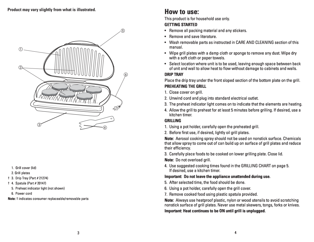George Foreman GR1212PQ manual How to use, Getting Started, Drip Tray, Preheating The Grill, Grilling 