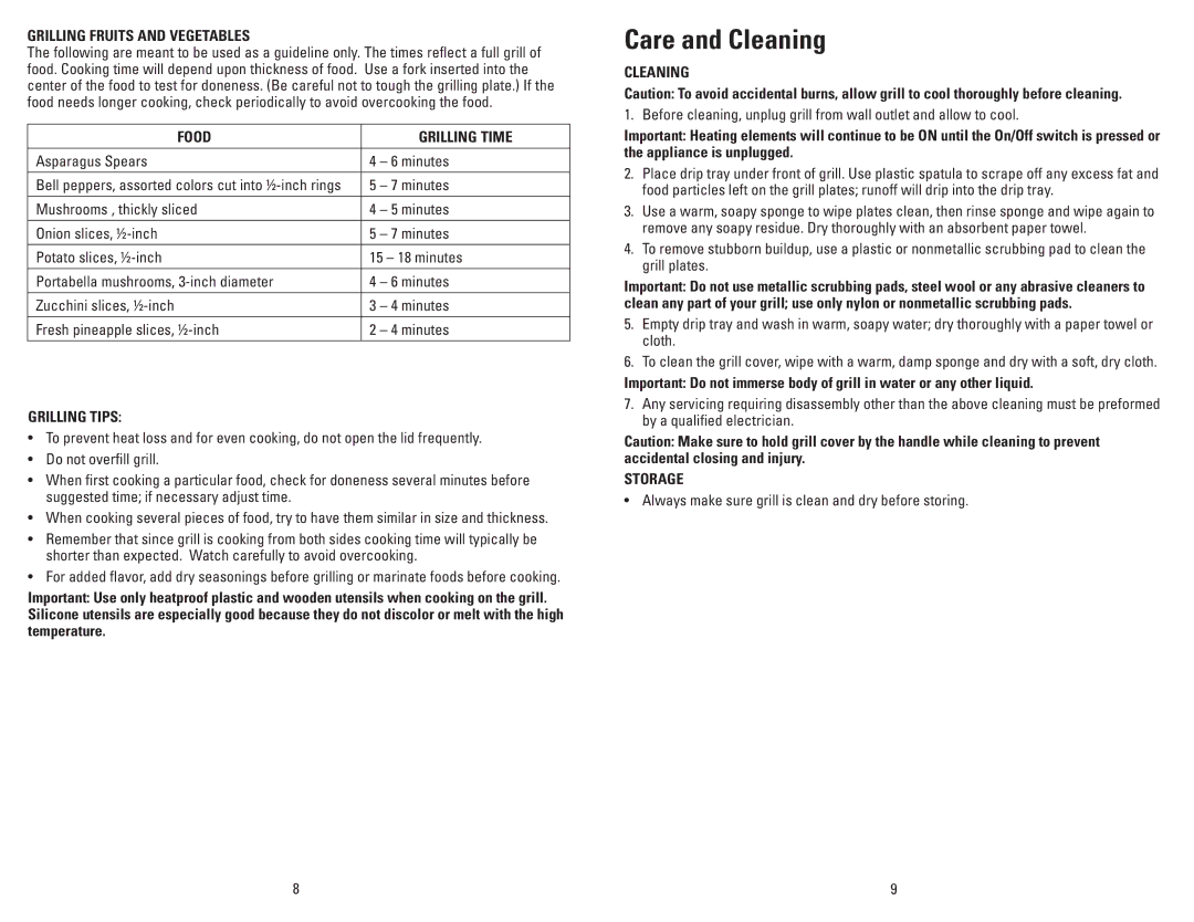 George Foreman GR144 manual Care and Cleaning 