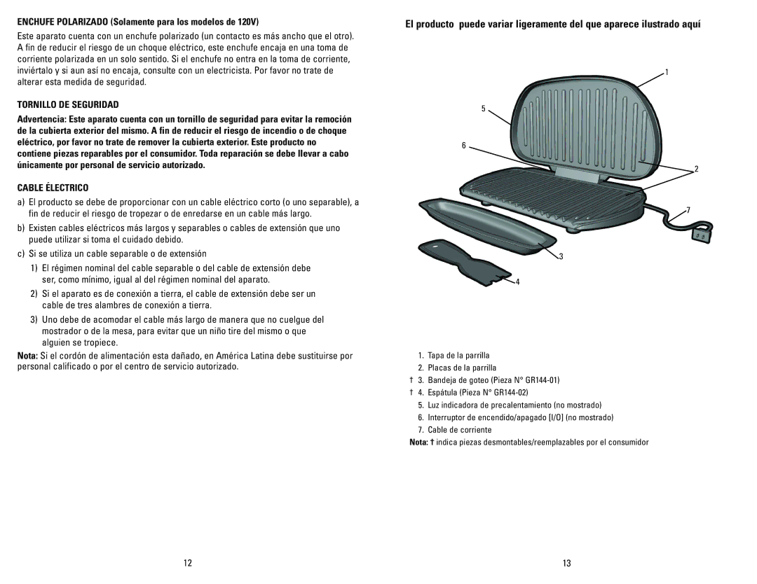 George Foreman GR144 manual Enchufe Polarizado Solamente para los modelos de, Tornillo DE Seguridad, Cable Électrico 