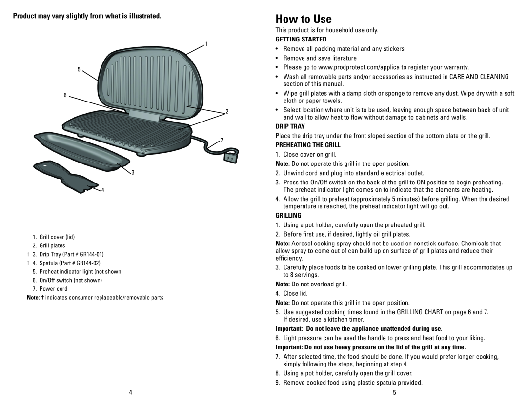 George Foreman GR144 manual How to Use, Product may vary slightly from what is illustrated 