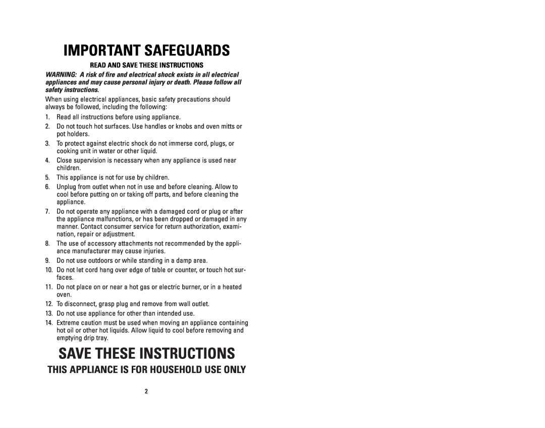 George Foreman GR14BWC Read And Save These Instructions, Important Safeguards, This Appliance Is For Household Use Only 