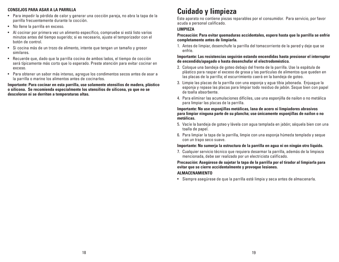 George Foreman GR18 manual Cuidado y limpieza, Consejos Para Asar a LA Parrilla, Limpieza, Almacenamiento 