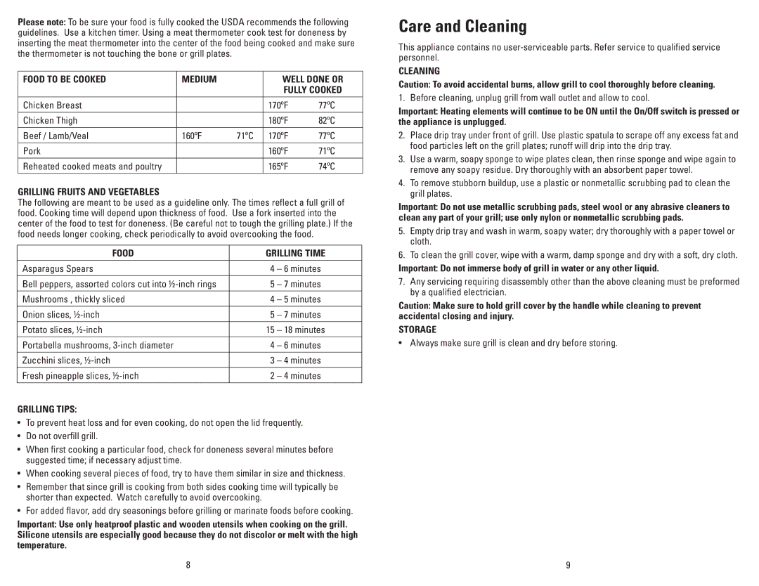 George Foreman GR18 manual Care and Cleaning 