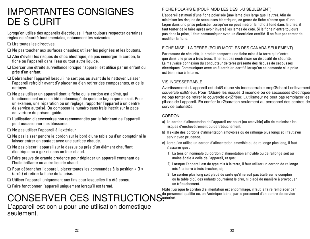 George Foreman GR180VCAN manual Fiche Polarisée Pour Modèles DES É.-U Seulement, VIS Indesserrable, Cordon 