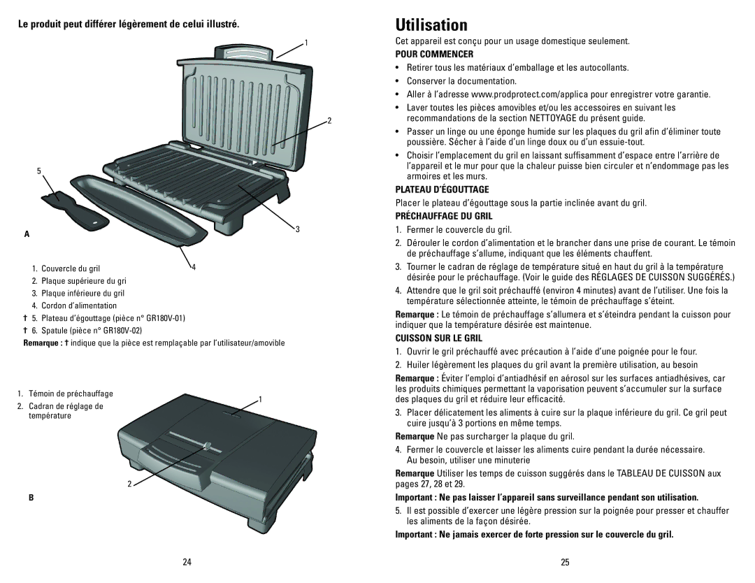 George Foreman GR180VCAN manual Utilisation, Pour Commencer, Plateau D’ÉGOUTTAGE, Préchauffage DU Gril, Cuisson SUR LE Gril 