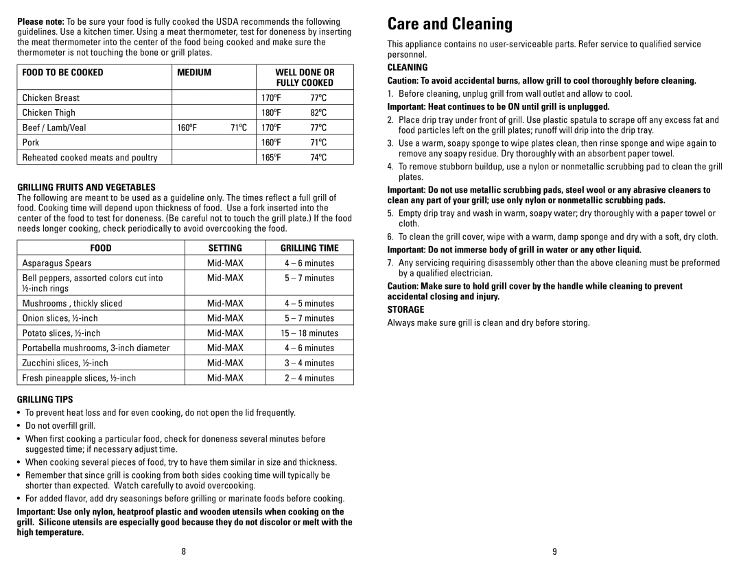 George Foreman GR180VCAN manual Care and Cleaning 