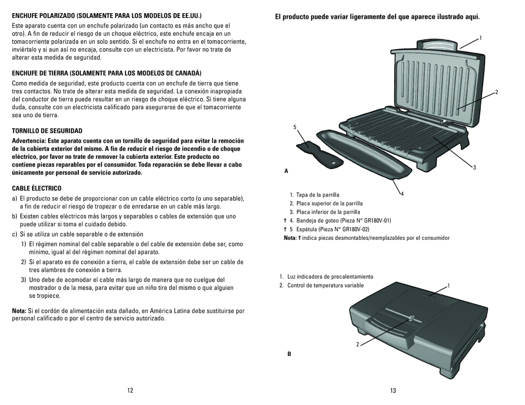 George Foreman GR180VCAN Enchufe Polarizado Solamente Para LOS Modelos DE EE.UU, Tornillo DE Seguridad, Cable Électrico 