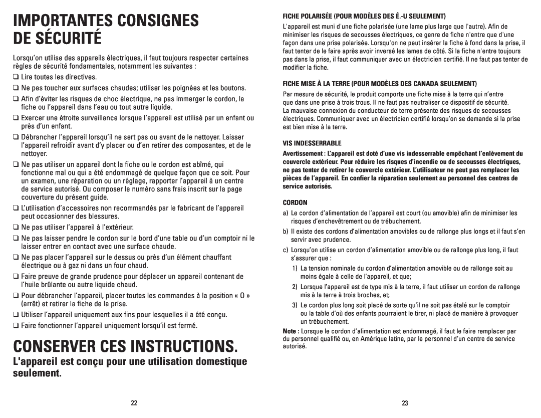 George Foreman GR180VCAN manual Conserver Ces Instructions, Importantes Consignes De Sécurité 