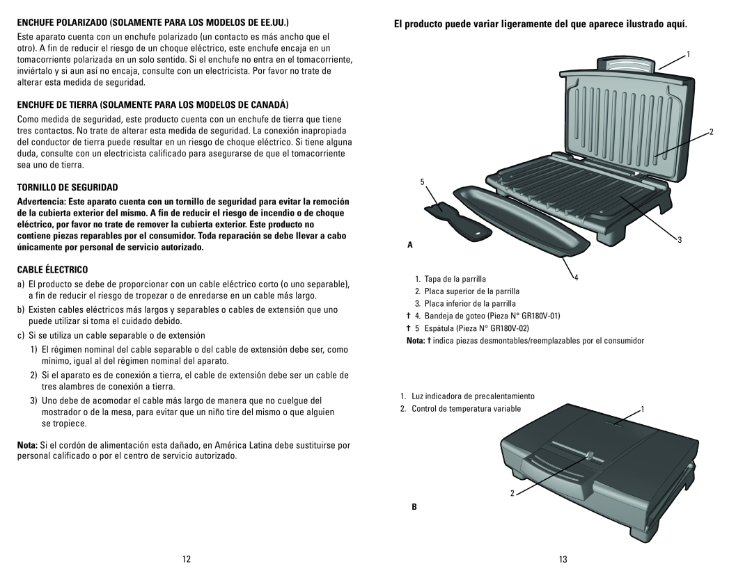 George Foreman GR180VCAN manual Tornillo De Seguridad, Cable Électrico 
