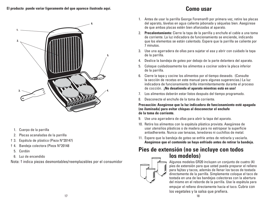 George Foreman GR20B manual Como usar, Pies de extensión no se incluye con todos los modelos, De la toma de corriente 