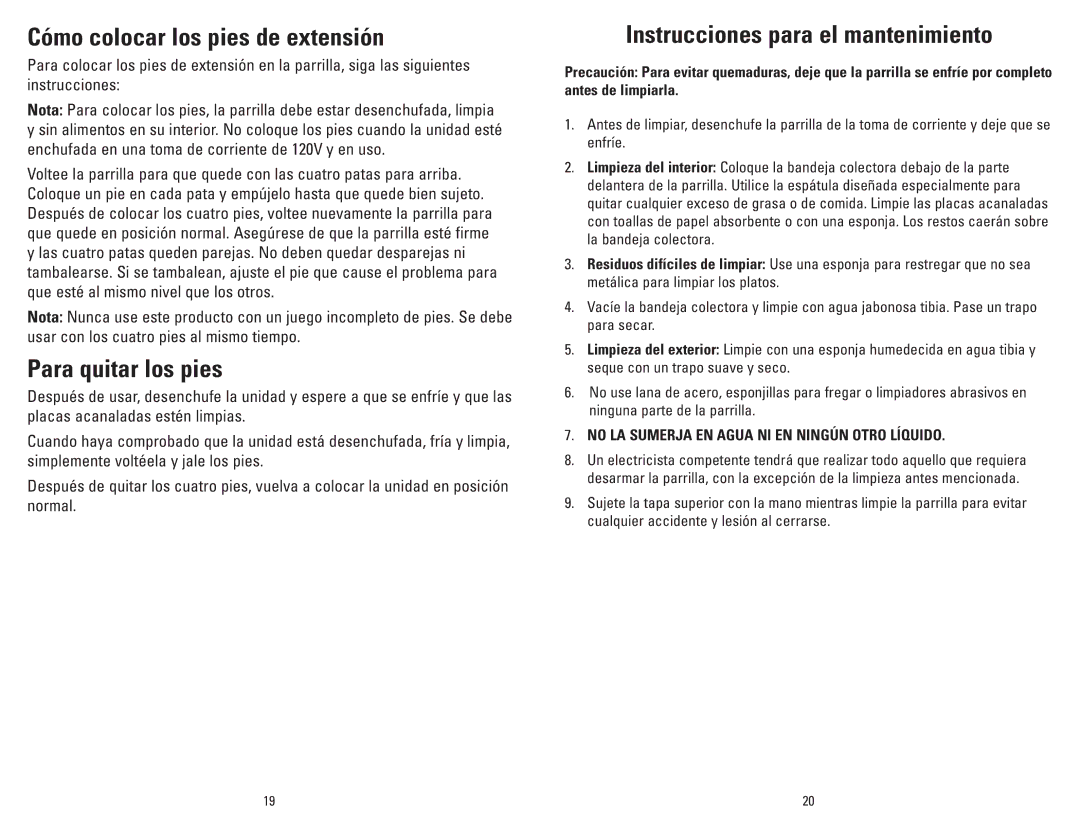 George Foreman GR20B manual Cómo colocar los pies de extensión, Para quitar los pies, Instrucciones para el mantenimiento 