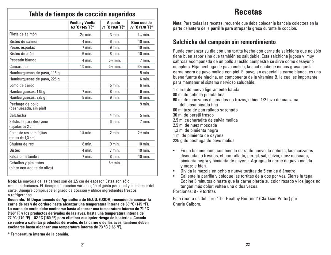 George Foreman GR20B manual Recetas, Salchicha del campeón sin remordimiento, Vuelta y Vuelta Punto 