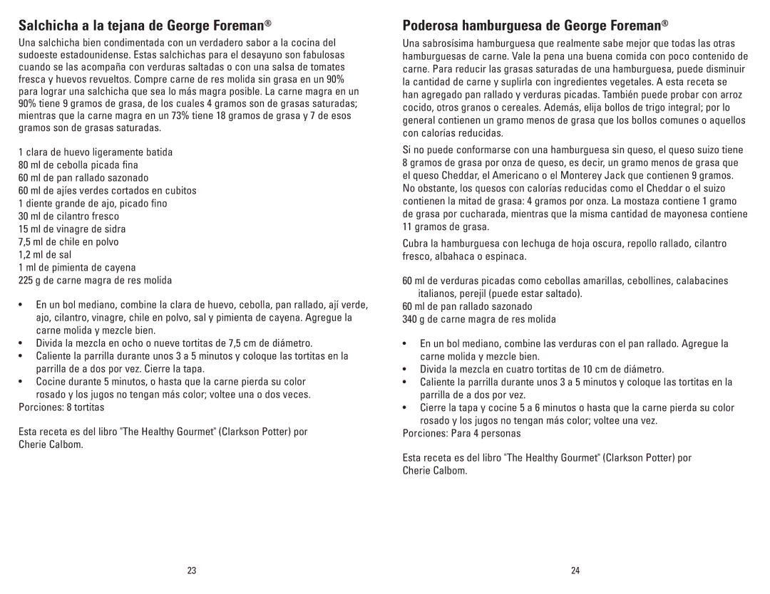 George Foreman GR20B manual Salchicha a la tejana de George Foreman, Poderosa hamburguesa de George Foreman 