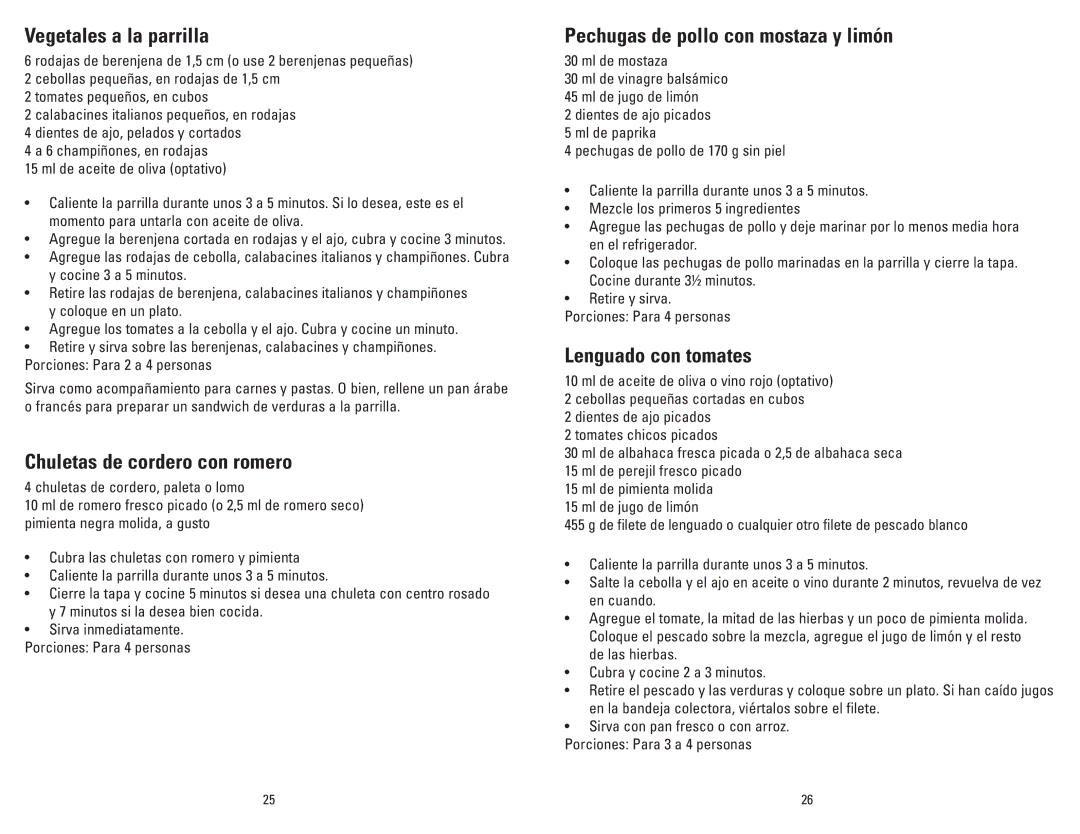 George Foreman GR20B manual Vegetales a la parrilla, Chuletas de cordero con romero, Pechugas de pollo con mostaza y limón 