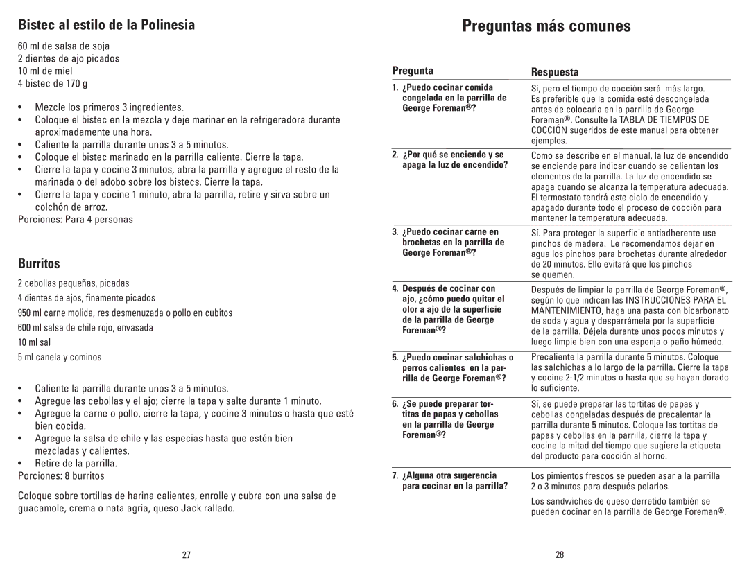 George Foreman GR20B manual Preguntas más comunes, Bistec al estilo de la Polinesia 