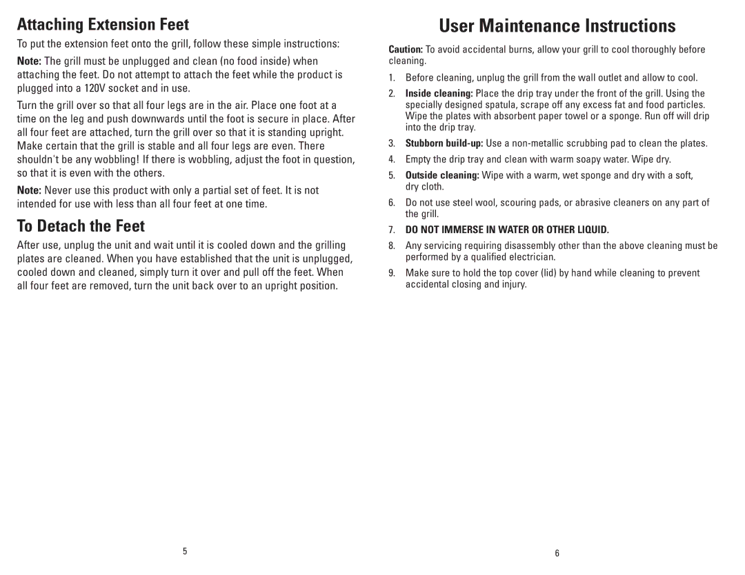 George Foreman GR20B manual User Maintenance Instructions, Attaching Extension Feet, To Detach the Feet 