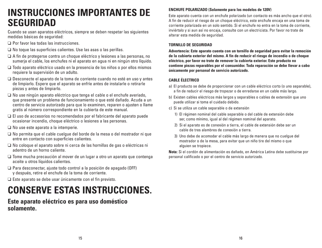 George Foreman GR20B manual Instrucciones Importantes DE Seguridad, Enchufe Polarizado Solamente para los modelos de 