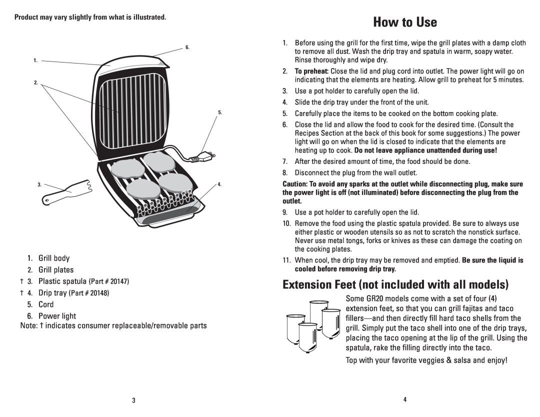 George Foreman GR20B manual How to Use, Extension Feet not included with all models 